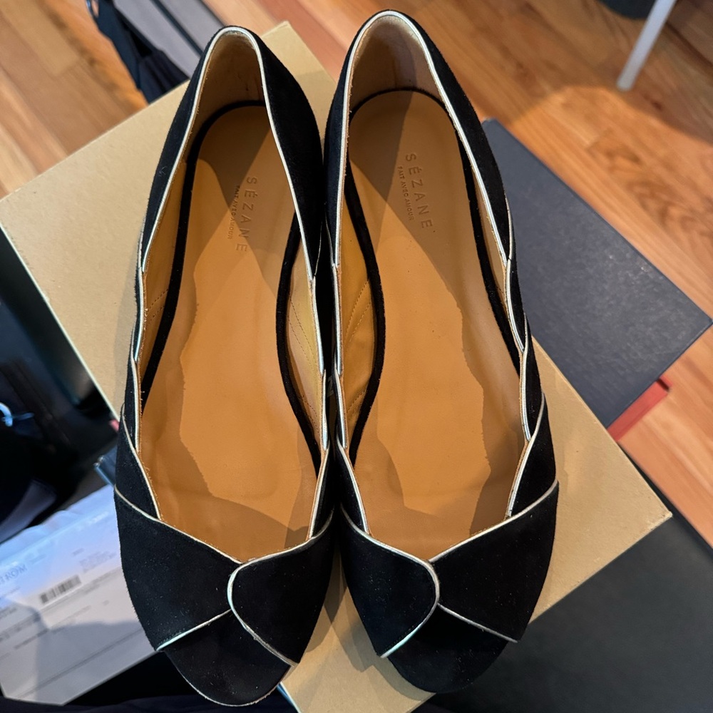 Sezane Black Flats with Cream Trim